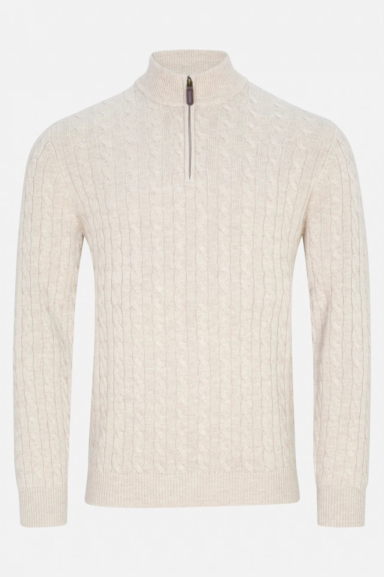 An off-white cable-knit quarter-zip sweater with a mock neck collar, shown on a plain white background.