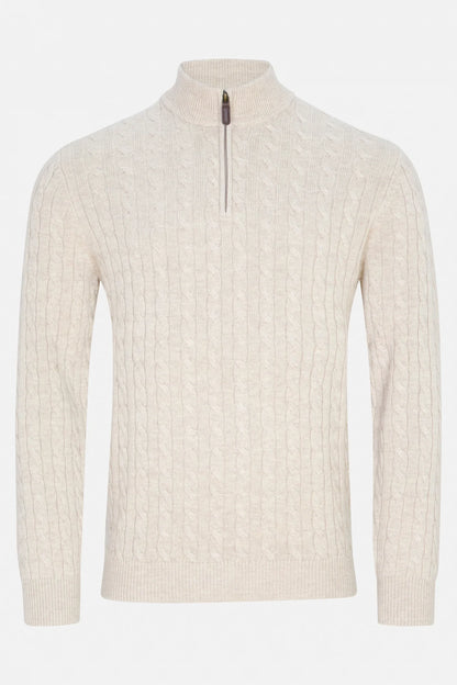 An off-white cable-knit quarter-zip sweater with a mock neck collar, shown on a plain white background.