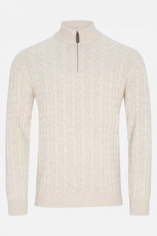 An off-white cable-knit quarter-zip sweater with a mock neck collar, shown on a plain white background.