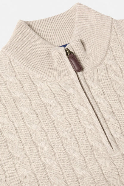 Close-up of a cream-colored cable-knit sweater with a mock neck and a brown leather zipper pull.