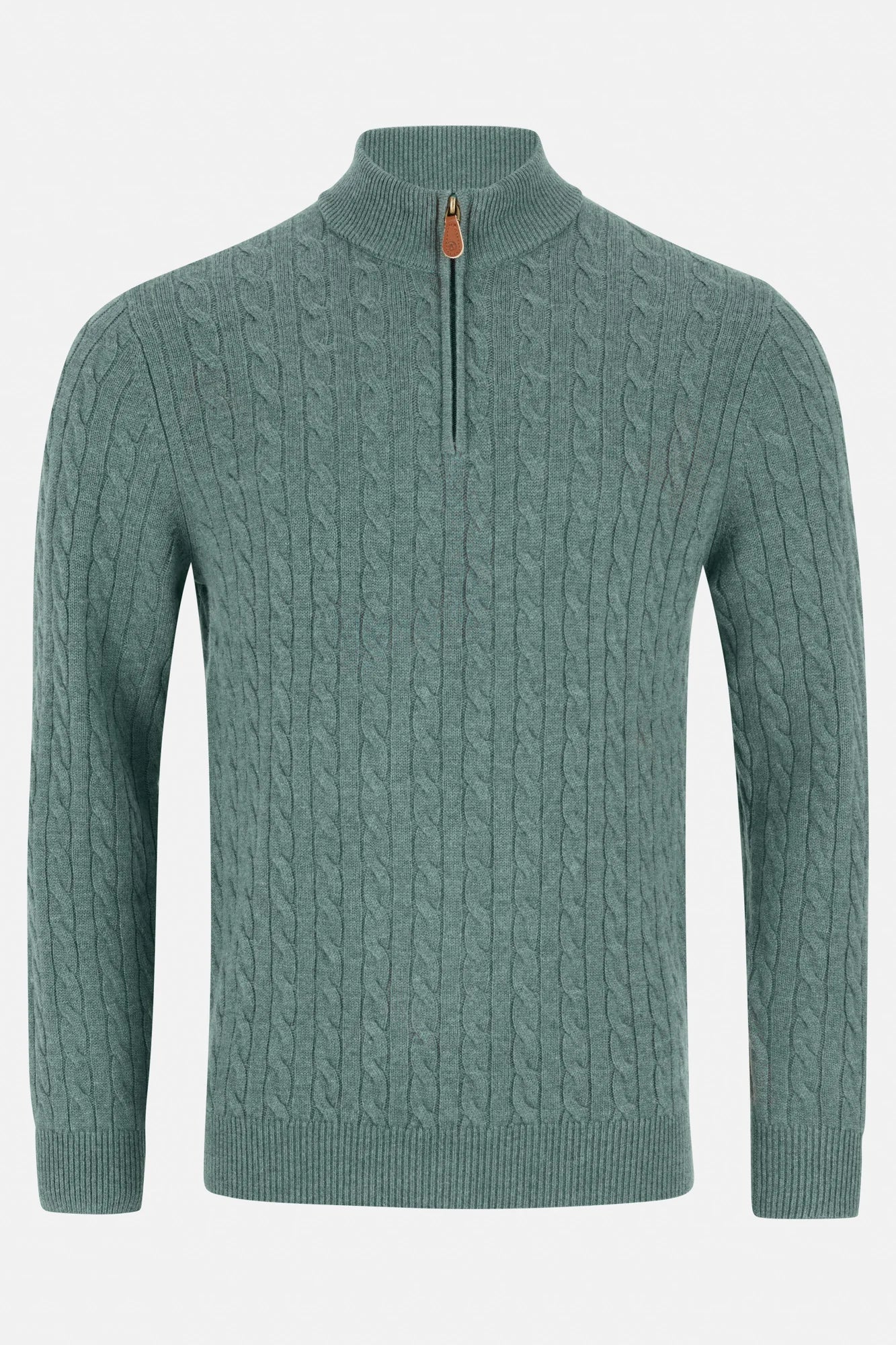 Green cable knit sweater with a quarter zip on a light gray background