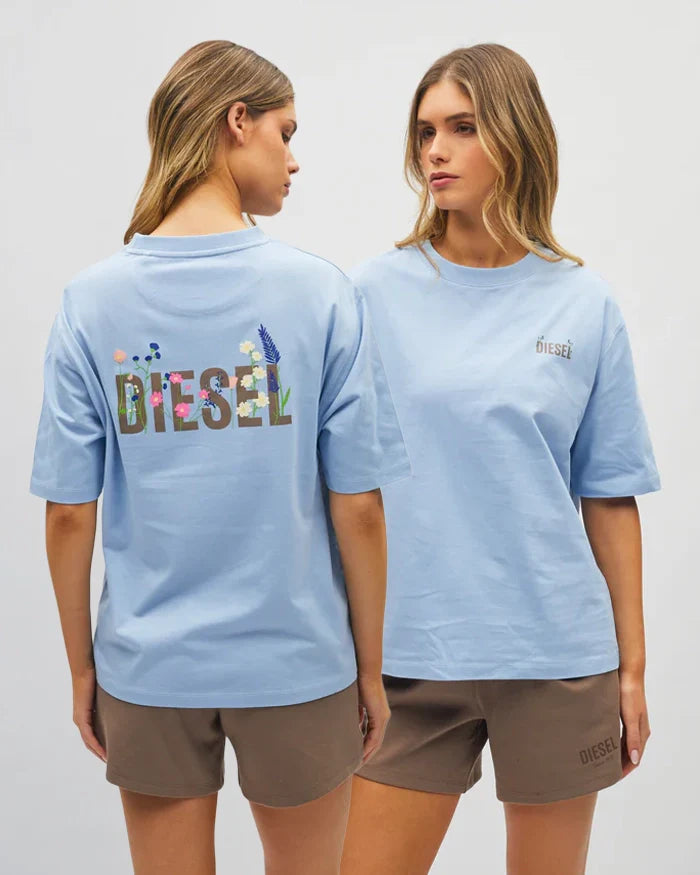 Two people wearing light blue t-shirts with 'DIESEL' branding, one showing the front and the other the back.