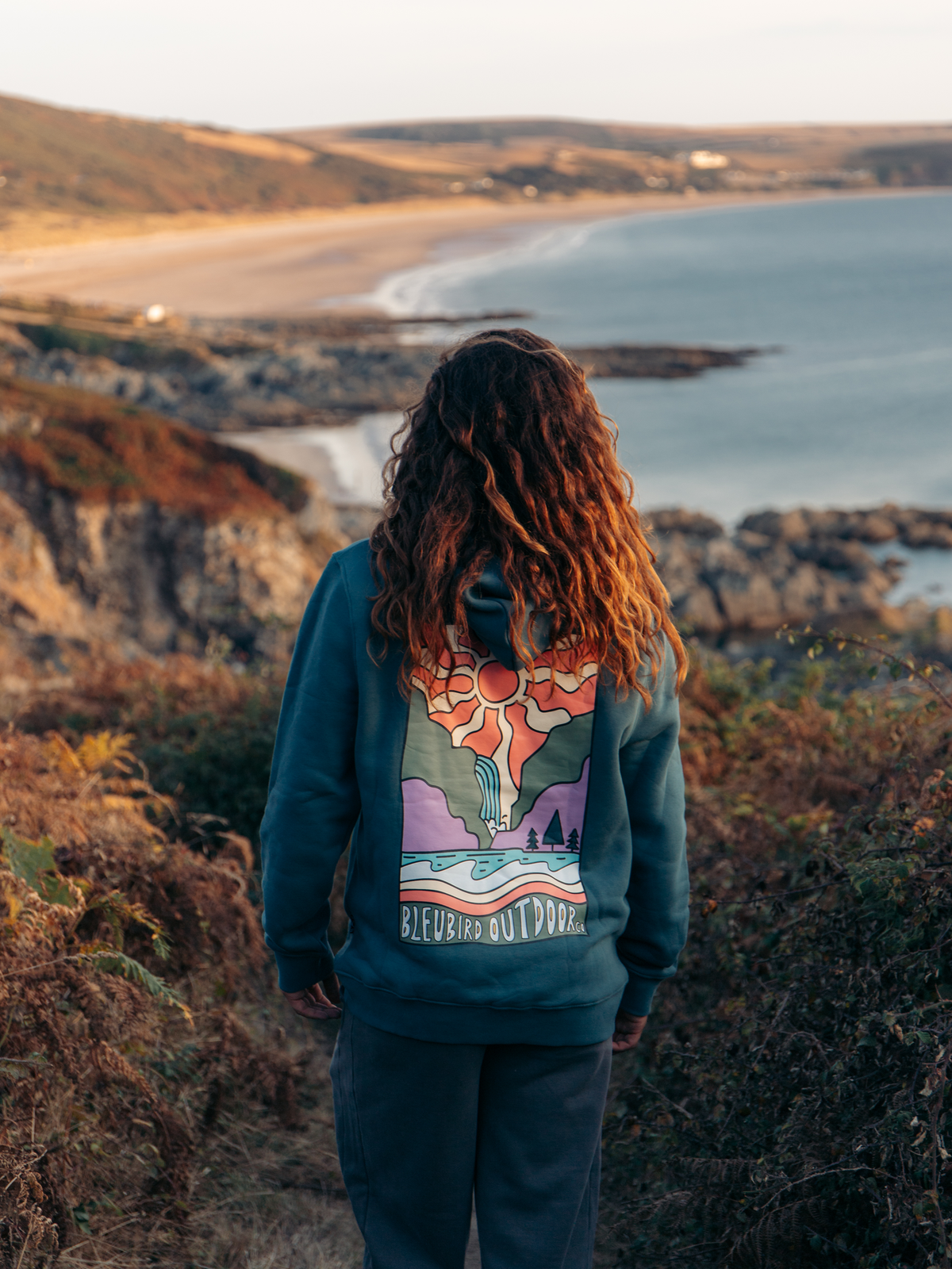 A person viewed from behind wearing a dark teal hoodie with a large colorful graphic on the back, standing on a grassy cliff overlooking a beach and ocean landscape at sunset.