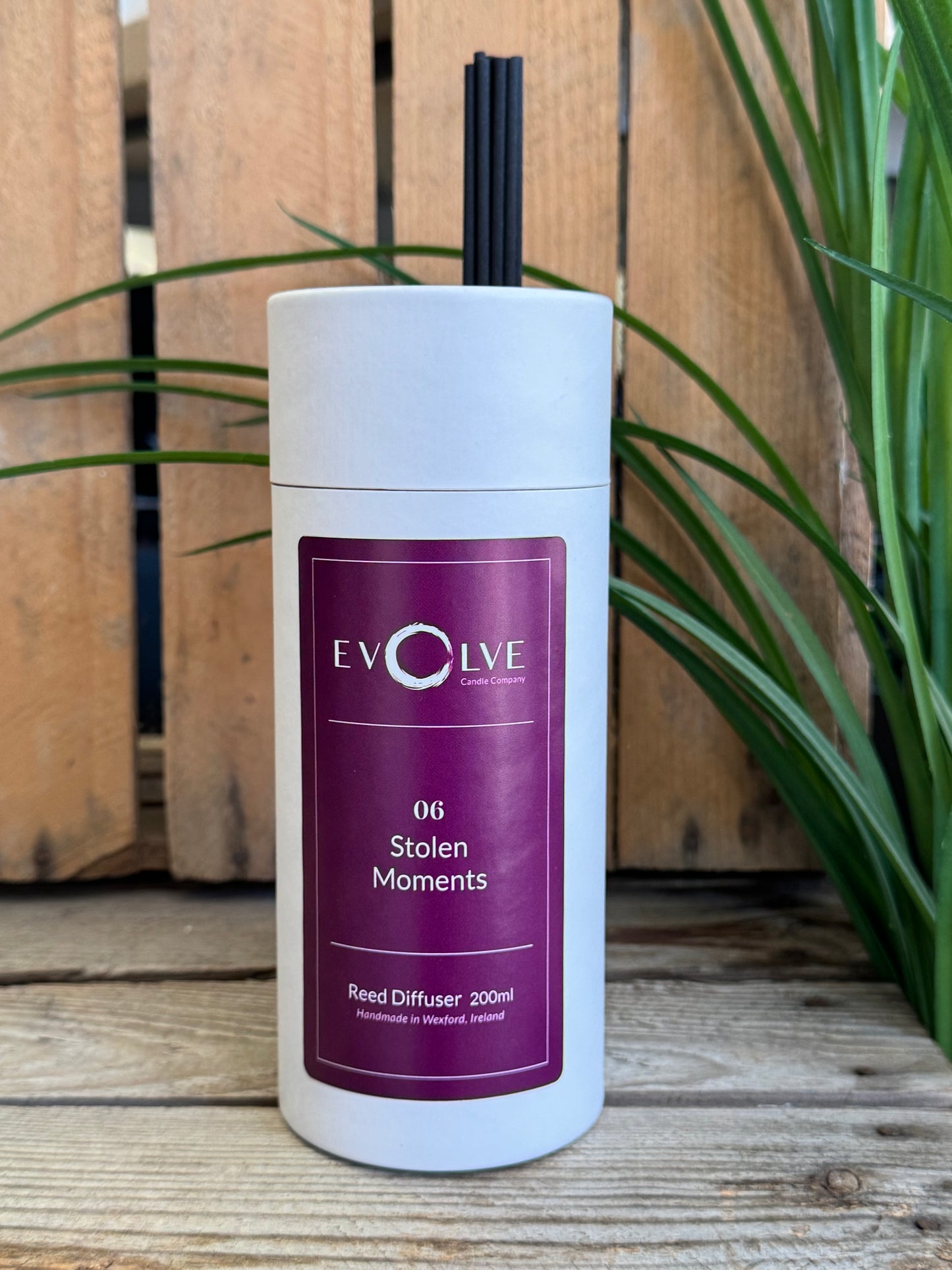A white cylindrical reed diffuser bottle with a purple label reading 'EVOLVE' and '06 Stolen Moments', with several dark reeds sticking out of the top, set against a wooden slat background with green leaves on the side.