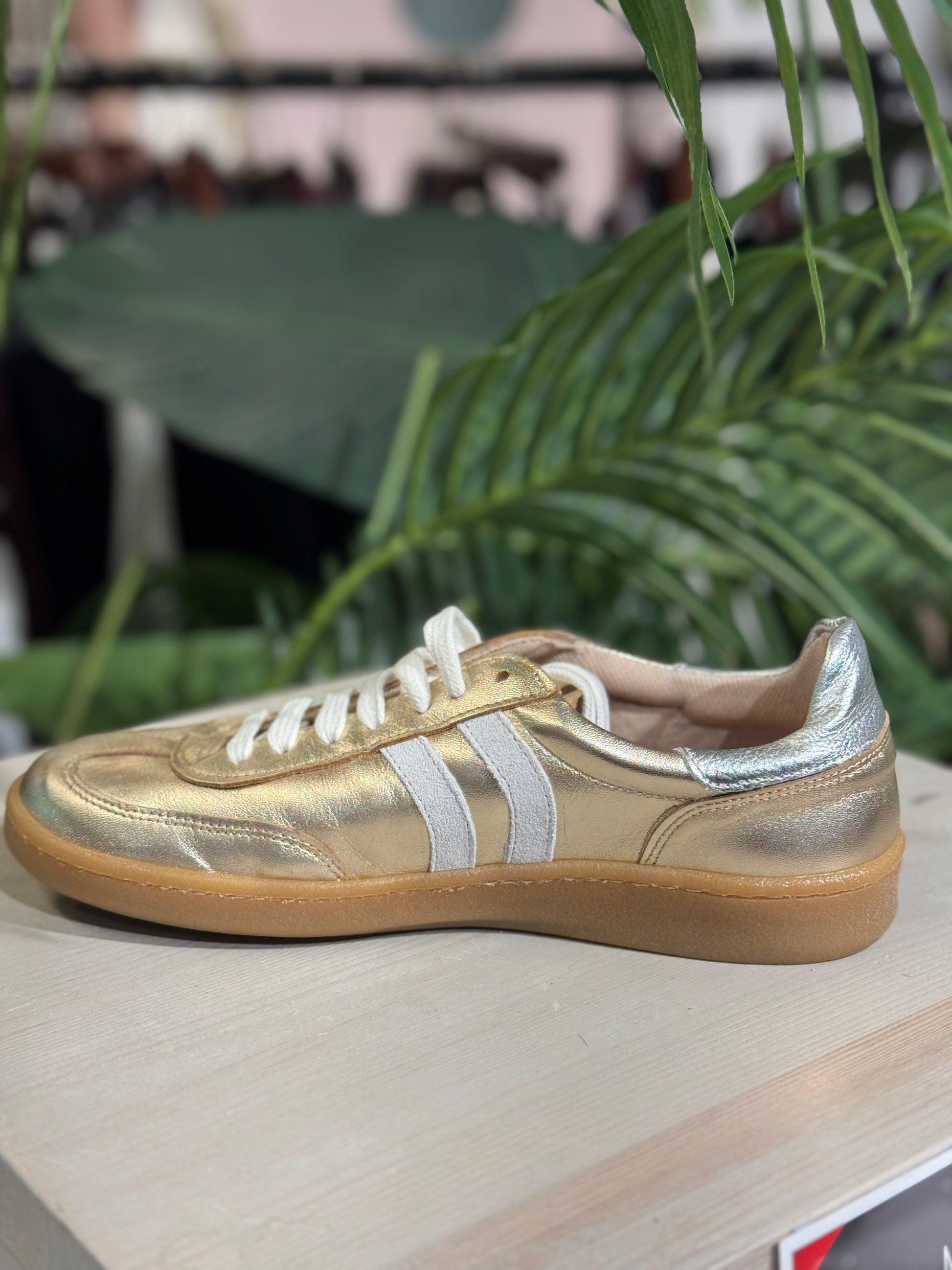 Gold sneaker with white stripes on a wooden surface with green plants in the background