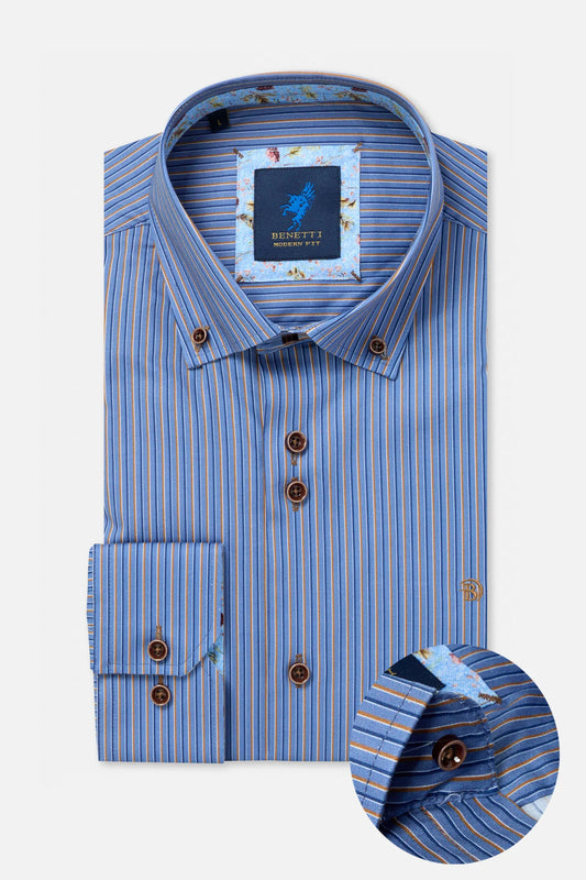 A folded blue and orange striped dress shirt with brown buttons, featuring a brand label on the collar and a circular inset showing a close-up of the striped fabric and button detail.