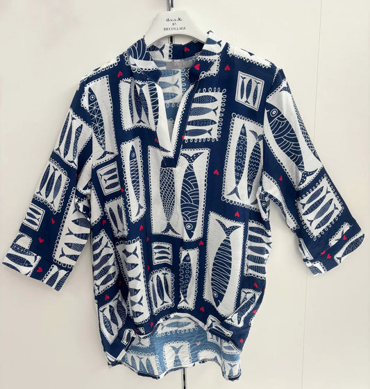 Deck Fish Print Blouse - Navy