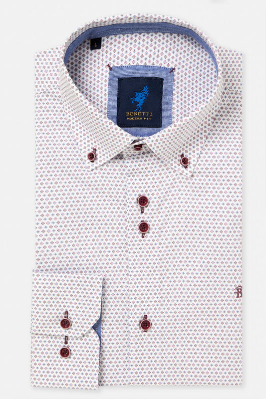 A folded long-sleeve dress shirt by Benetti, featuring a white base with a dense, small geometric pattern in red and blue, accented with dark red buttons and a blue inner collar lining.