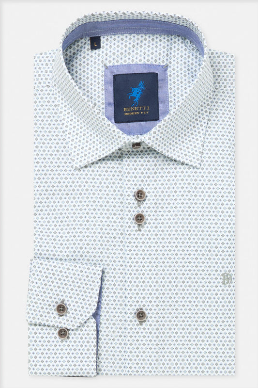 A folded light blue and white patterned dress shirt by Benetti, featuring a pointed collar, button-down front, and a light purple inner collar lining.
