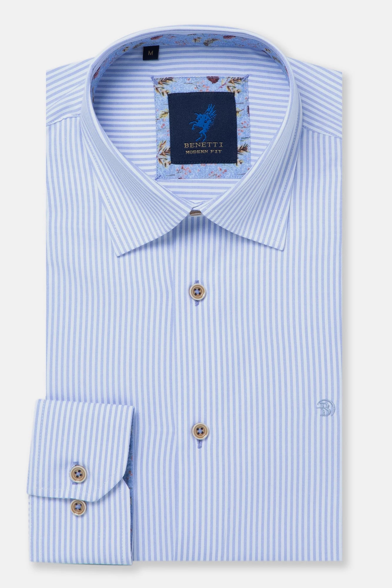 Blue striped dress shirt with a brand label on a light gray background