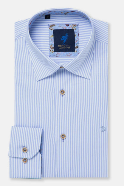 Blue striped dress shirt with a brand label on a light gray background