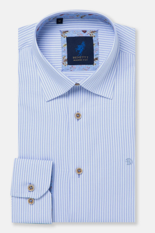 Blue striped dress shirt with a brand label on a light gray background