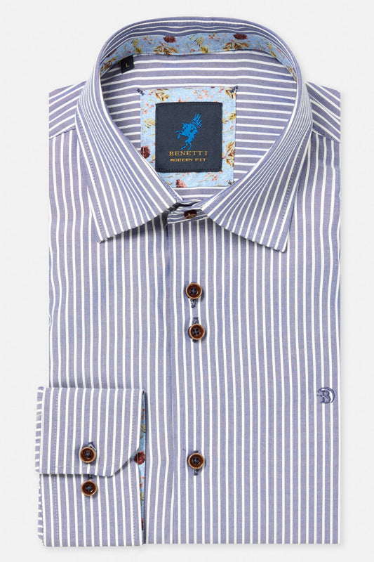 A folded long-sleeve dress shirt by Brunetti & Citta di Firenze, featuring vertical blue and white stripes with a light blue floral patterned inner collar lining and brown buttons.