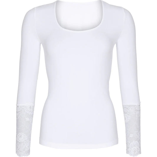 White long-sleeve top with lace cuffs on a white background