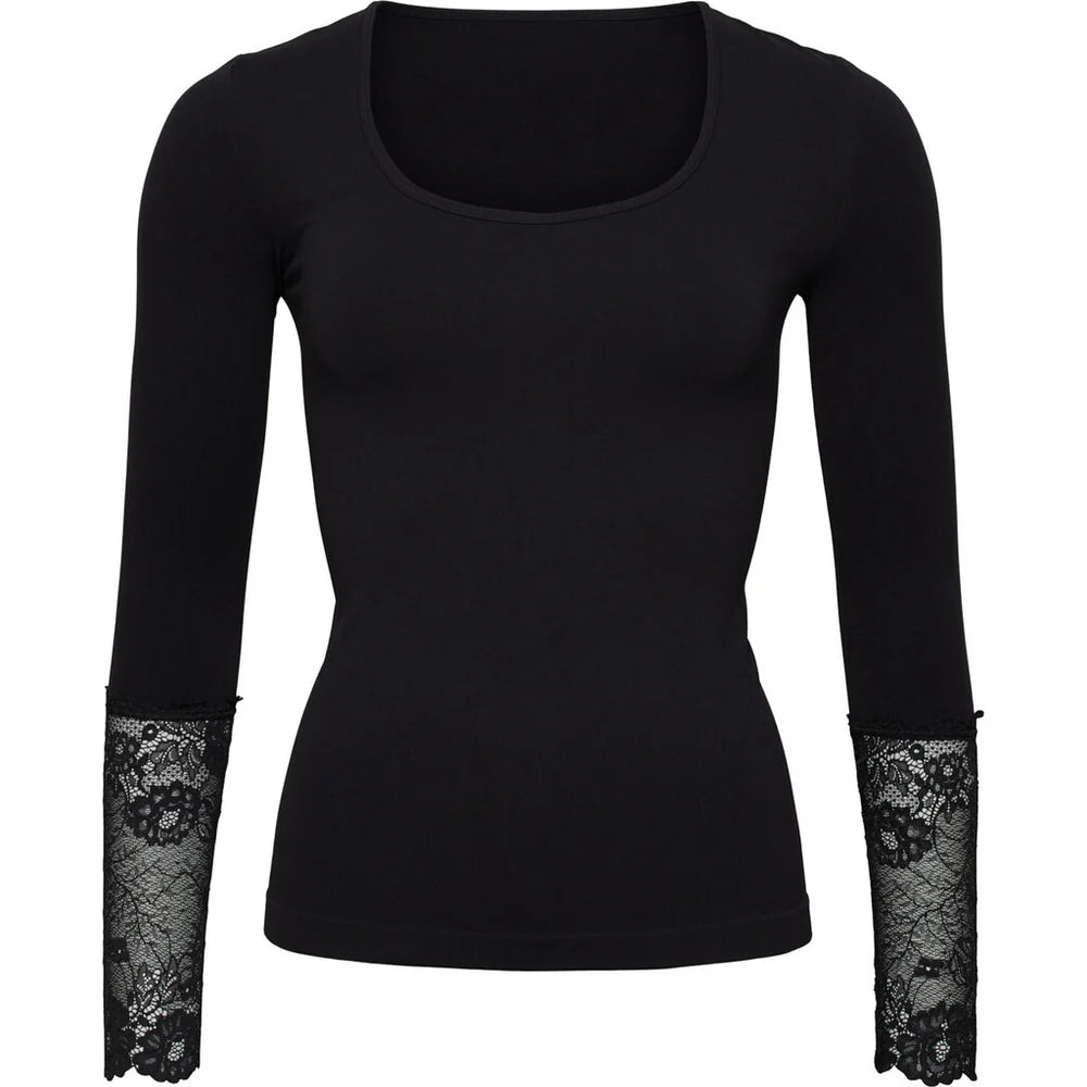 Black long-sleeve top with lace cuffs on a white background