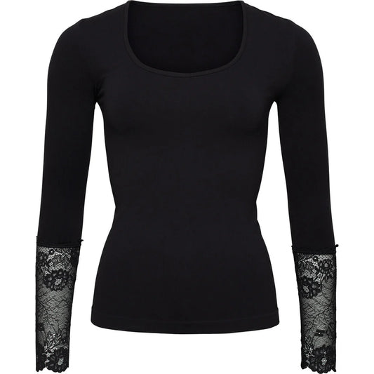 Black long-sleeve top with lace cuffs on a white background