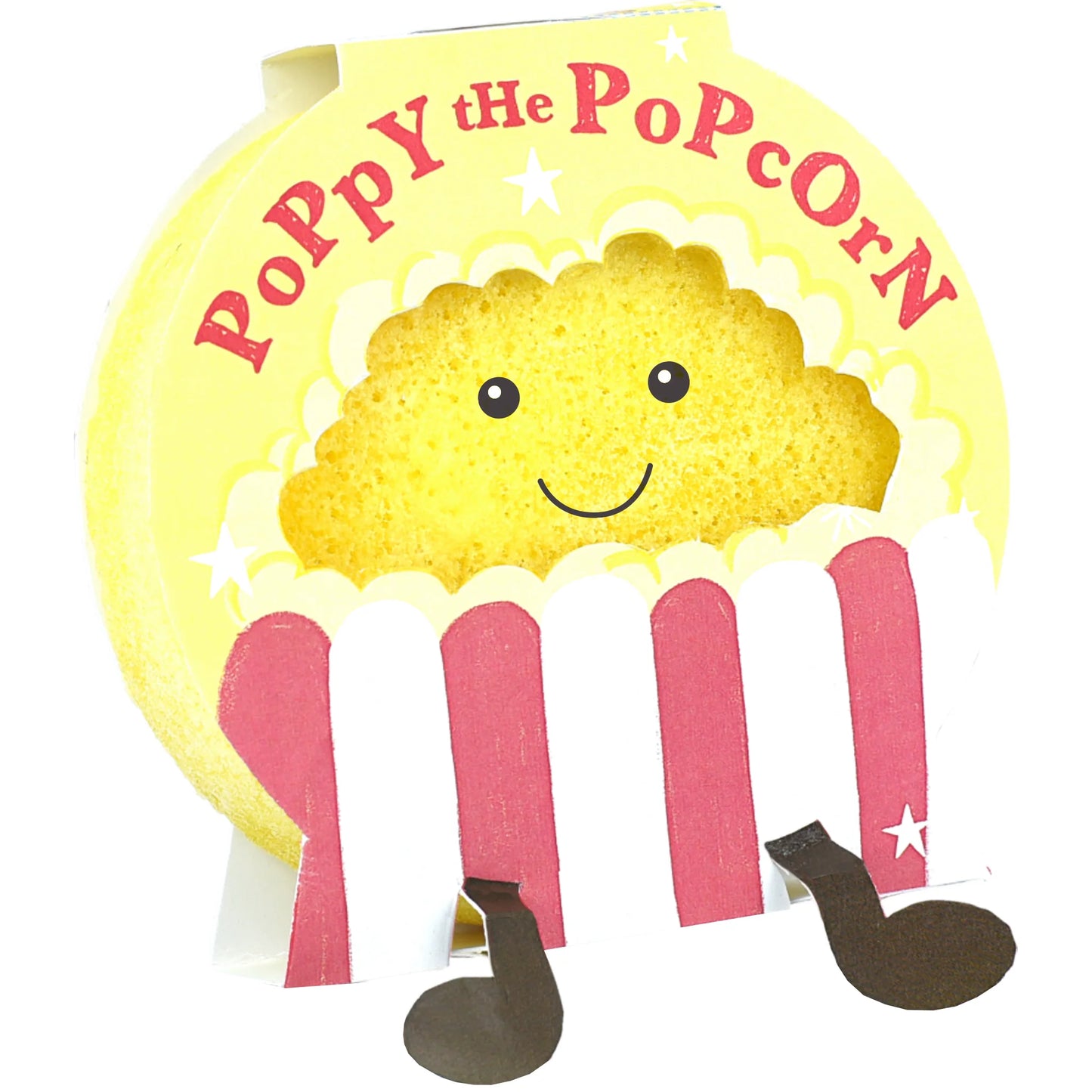 Cartoon popcorn kernel with a smiling face on a yellow background, labeled 'Poppy the PoPcORN'.