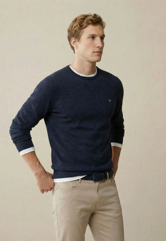 Fynch Hatton Superfine Knit O-Neck Sweater - Navy