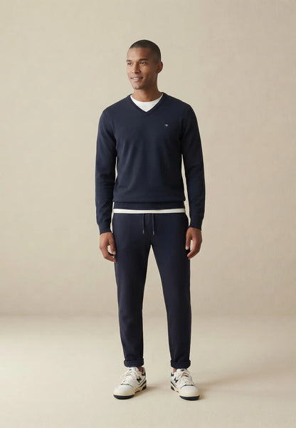 Fynch Hatton Superfine Cotton V-Neck - Navy