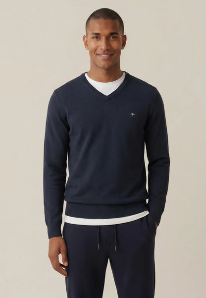 Fynch Hatton Superfine Cotton V-Neck - Navy