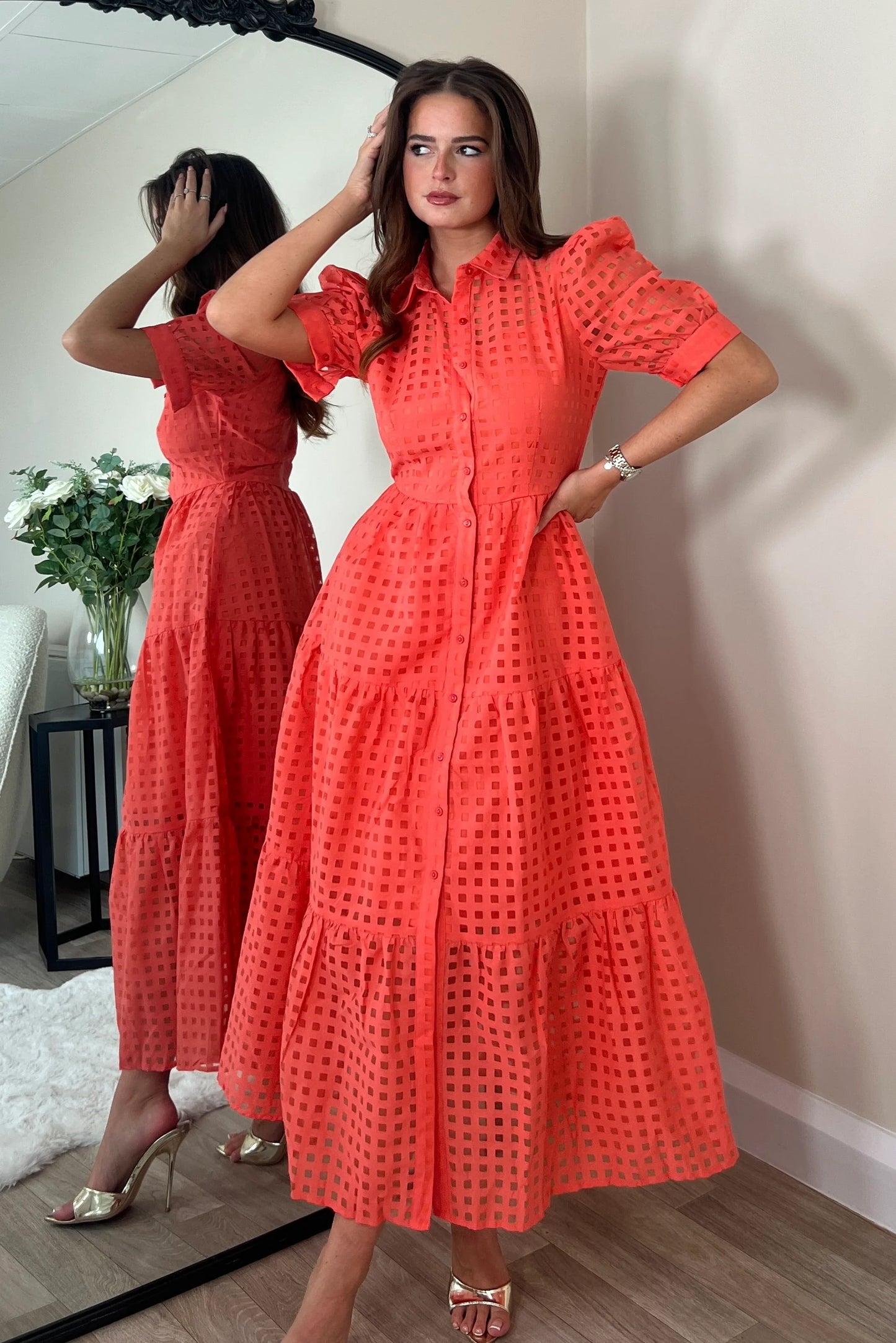 Girl In Mind Cici Shirt Dress Check Organza Coral TRM TRM Clothing