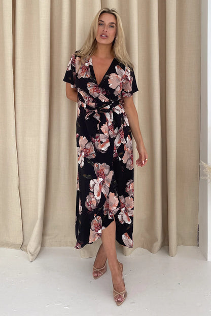 Girl in Mind Farrah Split Hem Frill Maxi Dress - Black Floral