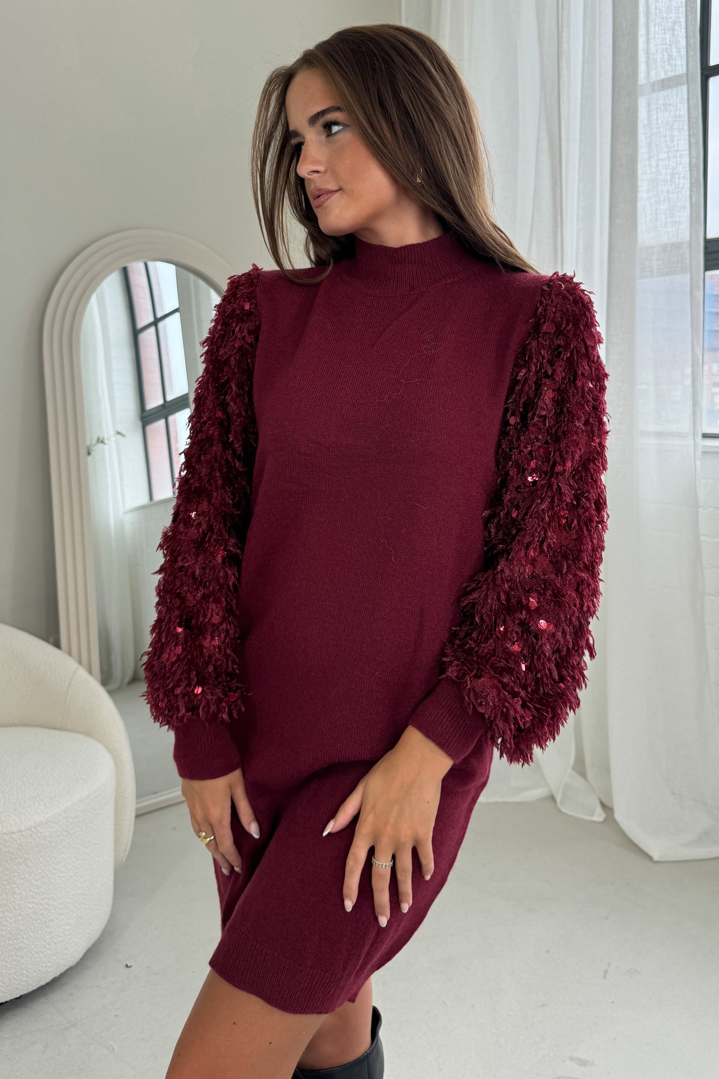 Girl In Mind Emily Sequin Knit Dress - Wine