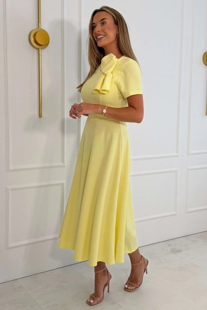 Girl In Mind Minta Bow Detail Short Sleeve Midi Dress - Yellow