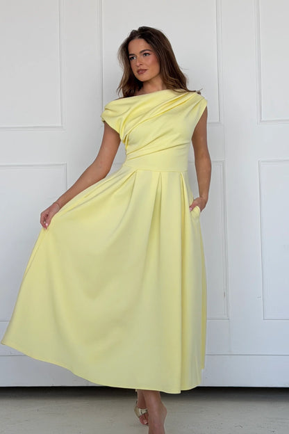 Girl in Mind Betty Asymmetric Neckline Dress- Yellow