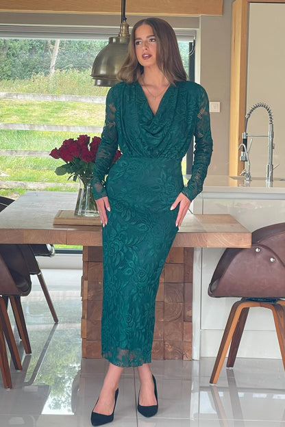 Girl In Mind Remington Lace Cowl Neck Midi Dress - Green