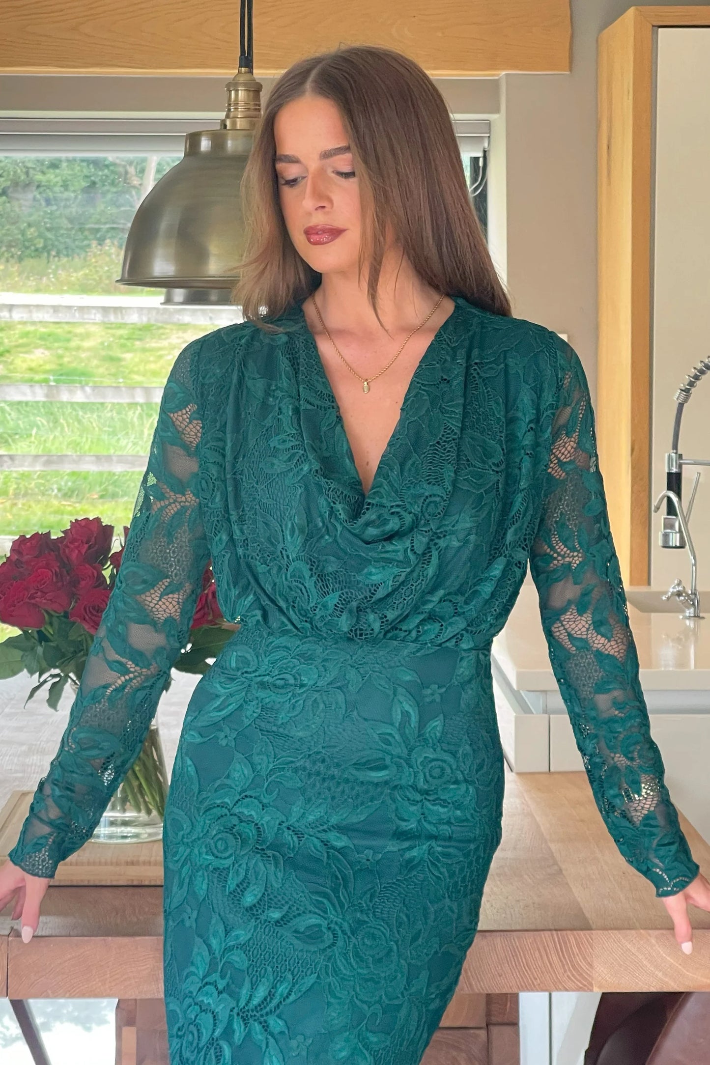 Girl In Mind Remington Lace Cowl Neck Midi Dress - Green