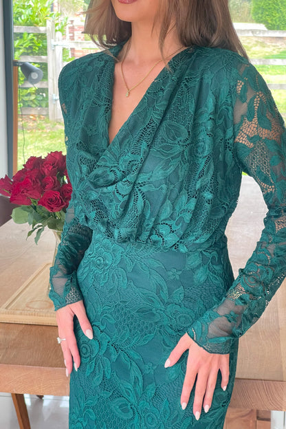 Girl In Mind Remington Lace Cowl Neck Midi Dress - Green