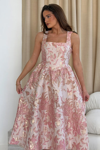 Girl in Mind Rosie Strappy Floral Jacquard Dress - Pink