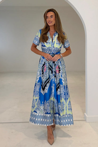 Girl In Mind Aurora Paisly Print Midi Dress - Blue