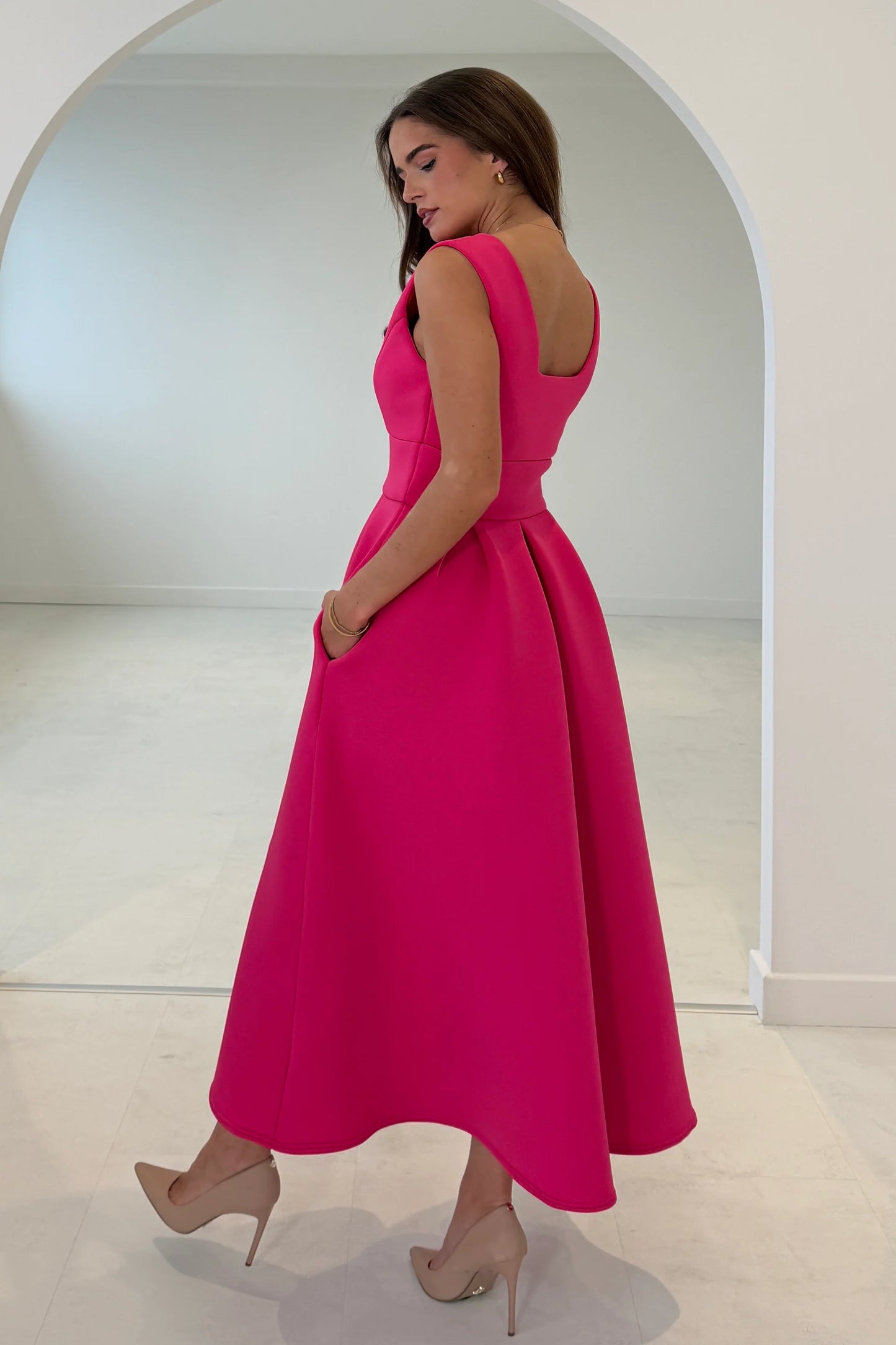 Girl In Mind Bethany V-Neck Midi Dress - Hot Pink
