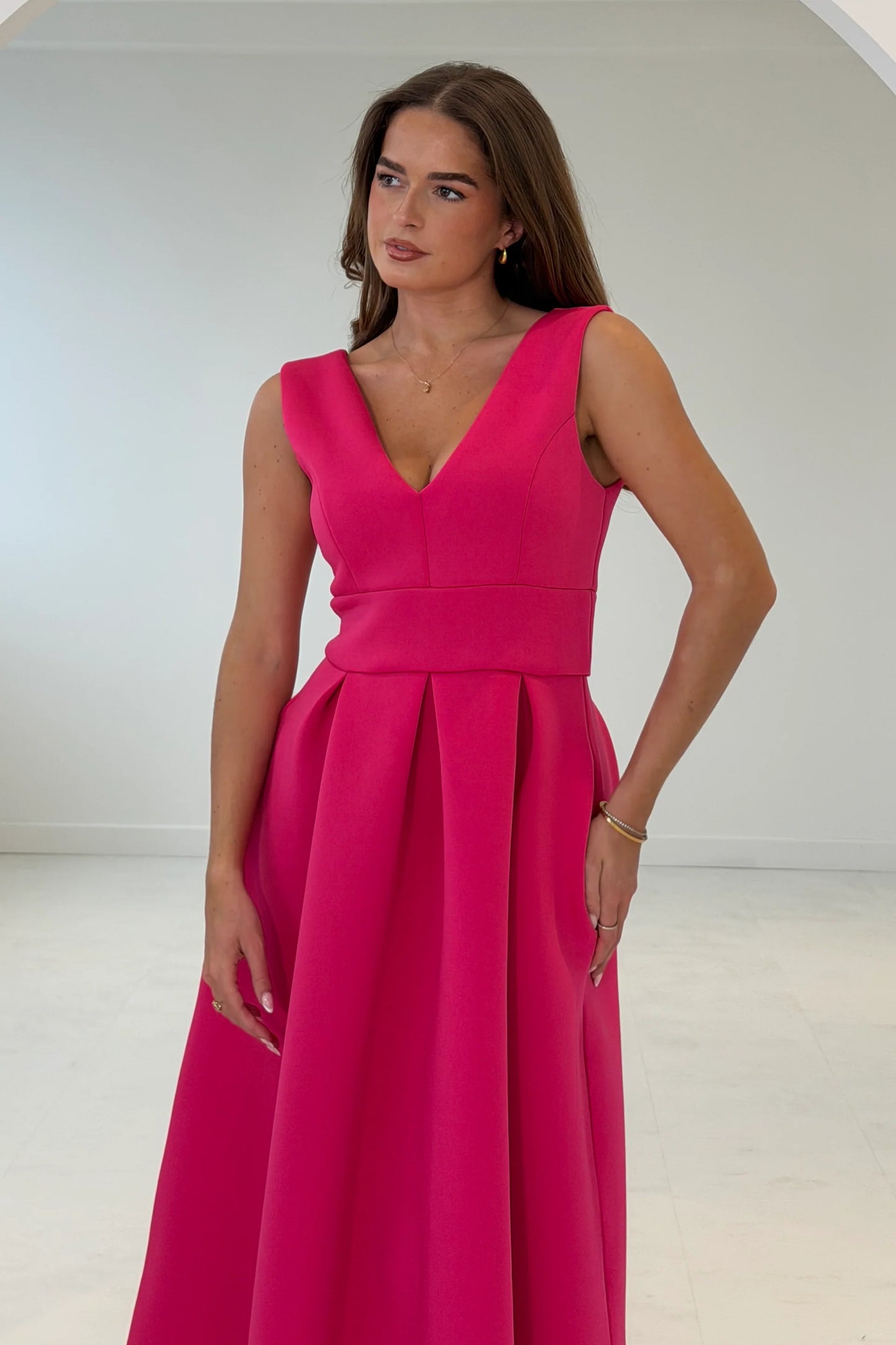 Girl In Mind Bethany V-Neck Midi Dress - Hot Pink
