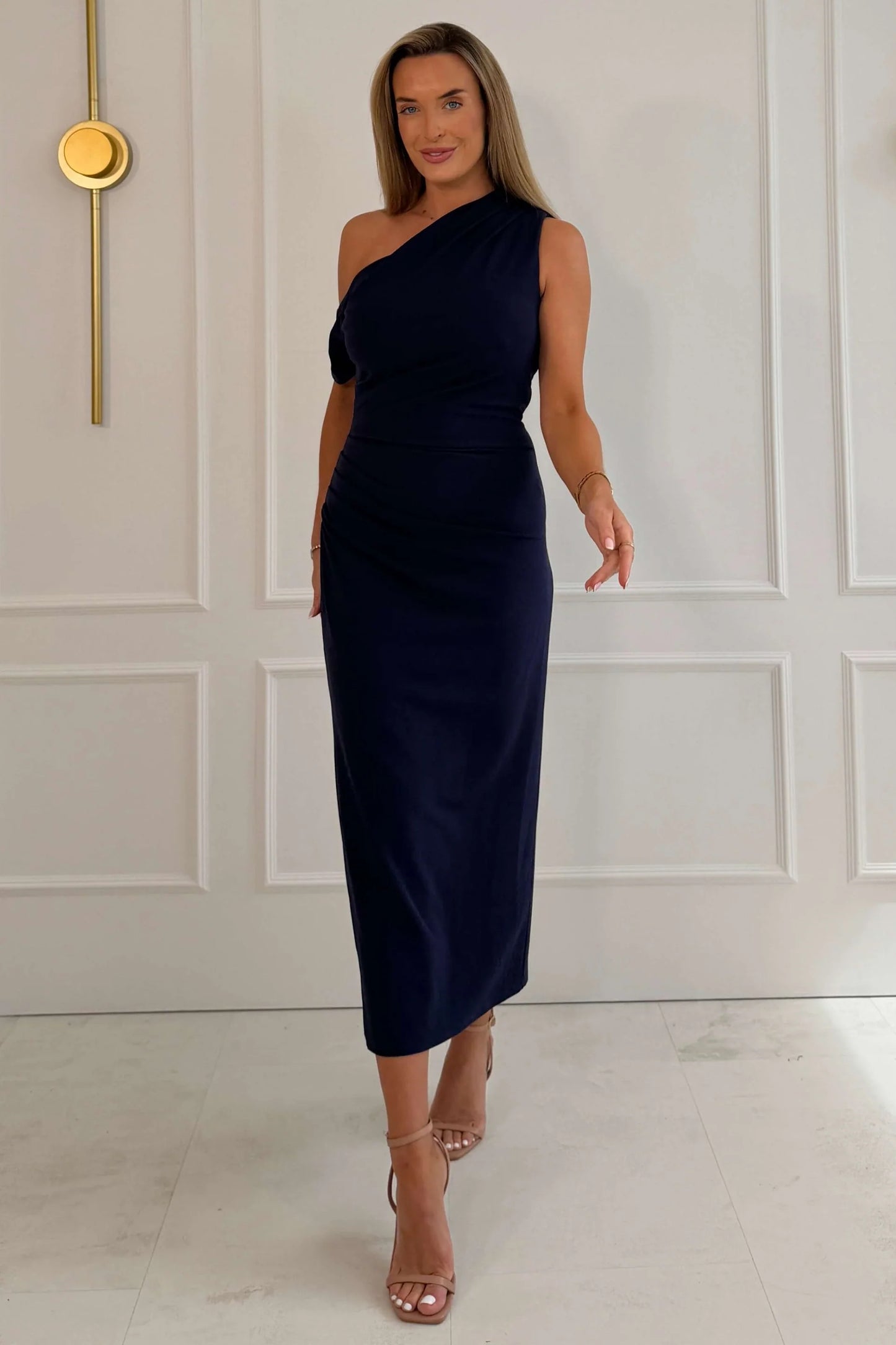 Girl In Mind Donna Asymmetric Neckline Midi Dress - Navy