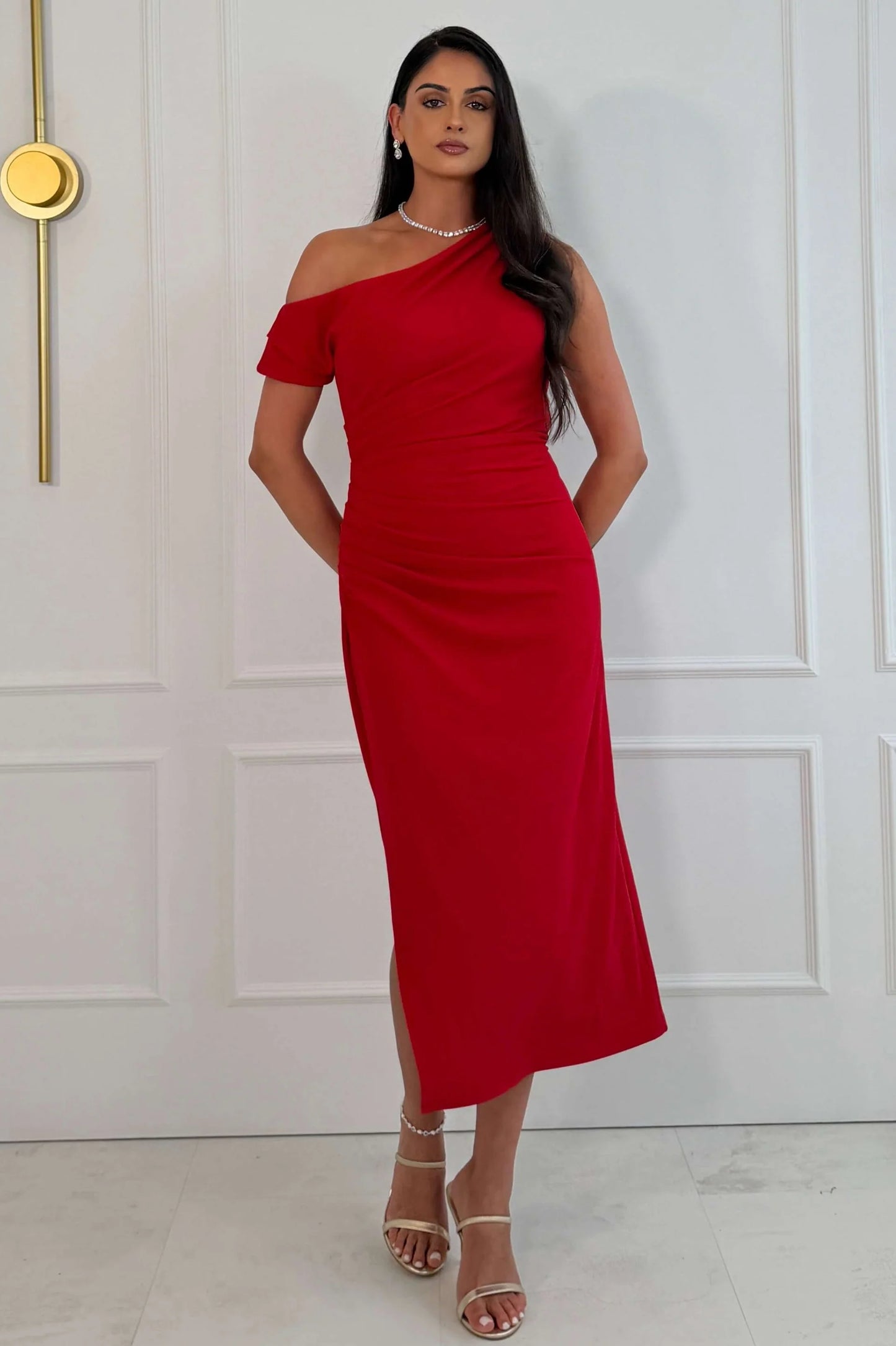 Girl In Mind Donna Asymmetric Neckline Midi Dress - Red