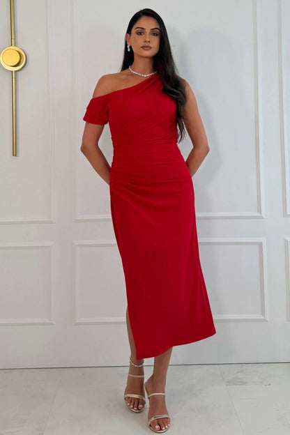 Girl In Mind Donna Asymmetric Neckline Midi Dress - Red