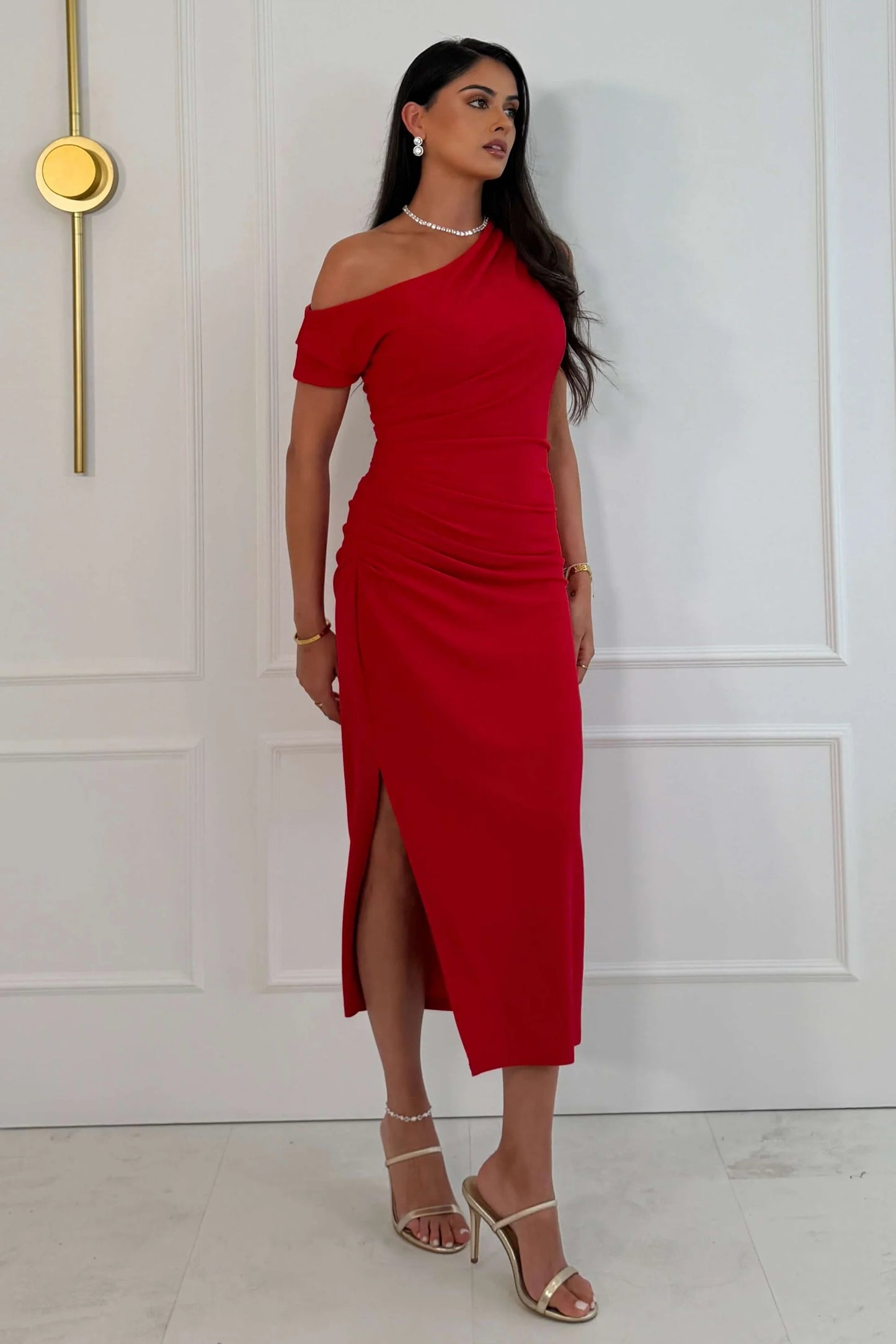 Girl In Mind Donna Asymmetric Neckline Midi Dress - Red
