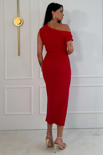 Girl In Mind Donna Asymmetric Neckline Midi Dress - Red