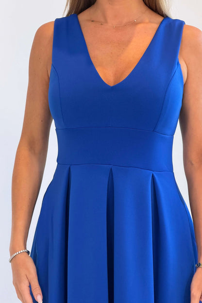 Girl In Mind Tiffany V-Neck Skater Scuba Midi Dress - Cobalt