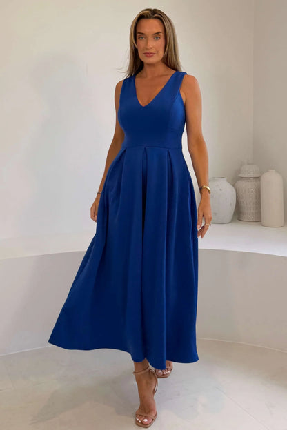 Girl In Mind Tiffany V-Neck Skater Scuba Midi Dress - Cobalt