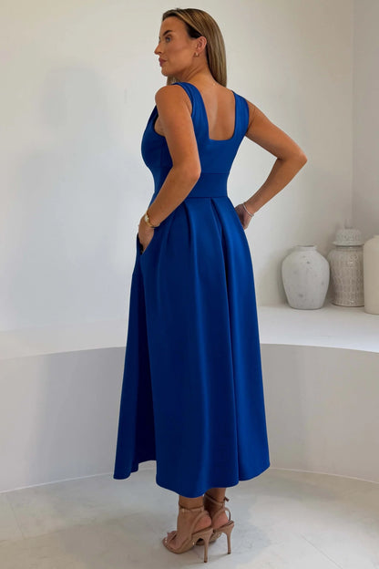 Girl In Mind Tiffany V-Neck Skater Scuba Midi Dress - Cobalt