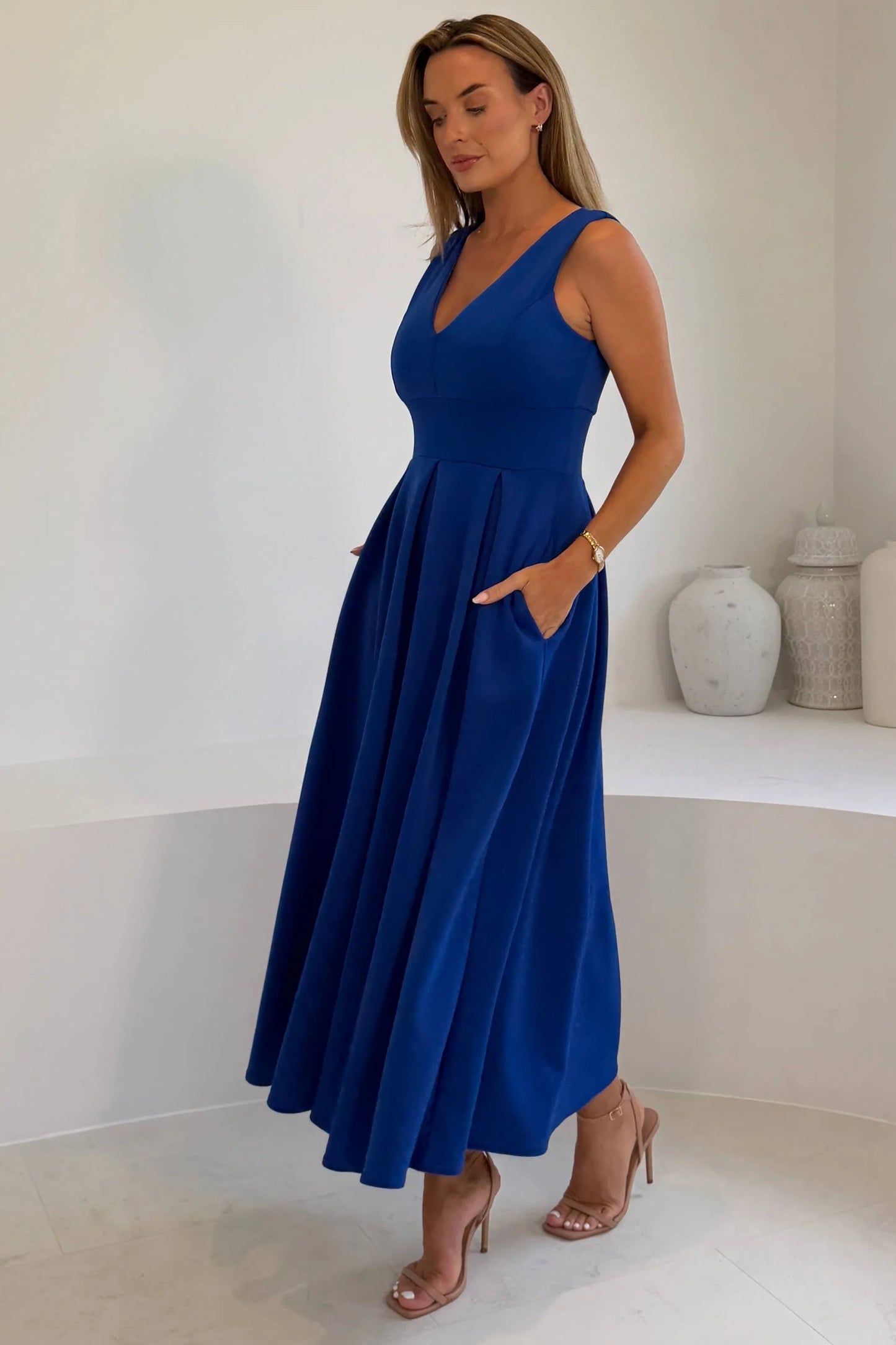 Girl In Mind Tiffany V-Neck Skater Scuba Midi Dress - Cobalt
