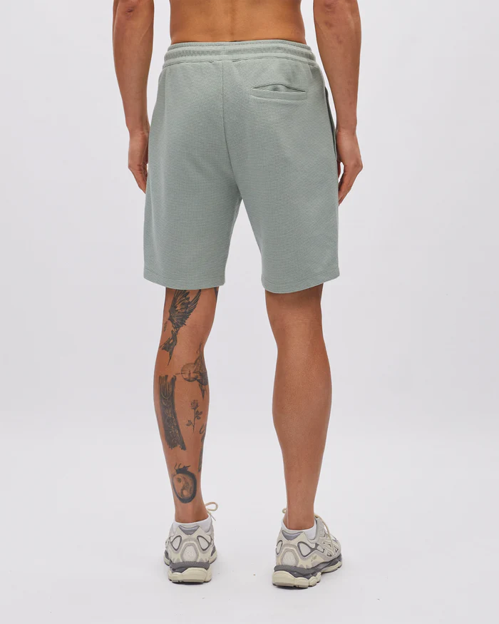 Person wearing light gray shorts on a white background