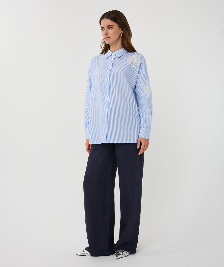 EsQualo Striped Blouse - Flower Patch Blue