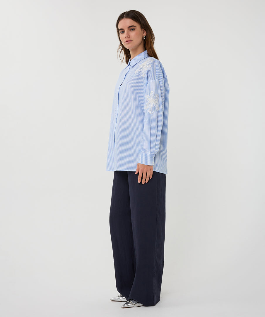 EsQualo Striped Blouse - Flower Patch Blue