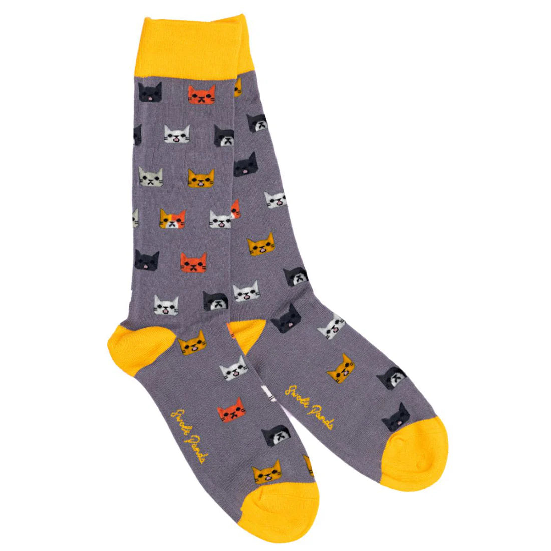 Gray socks with cat pattern and yellow accents on a white background