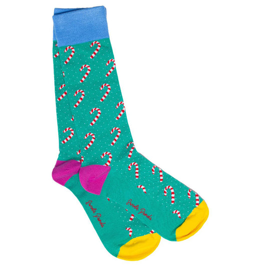 Colorful sock with candy cane pattern on a white background